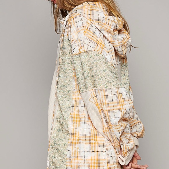 Long Sleeve Knit Mixed Hoodie Plaid Shirt - Picture 3 of 4